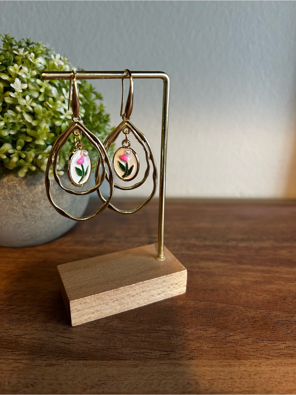 Gold Drop Earrings - Pink Floral Accent